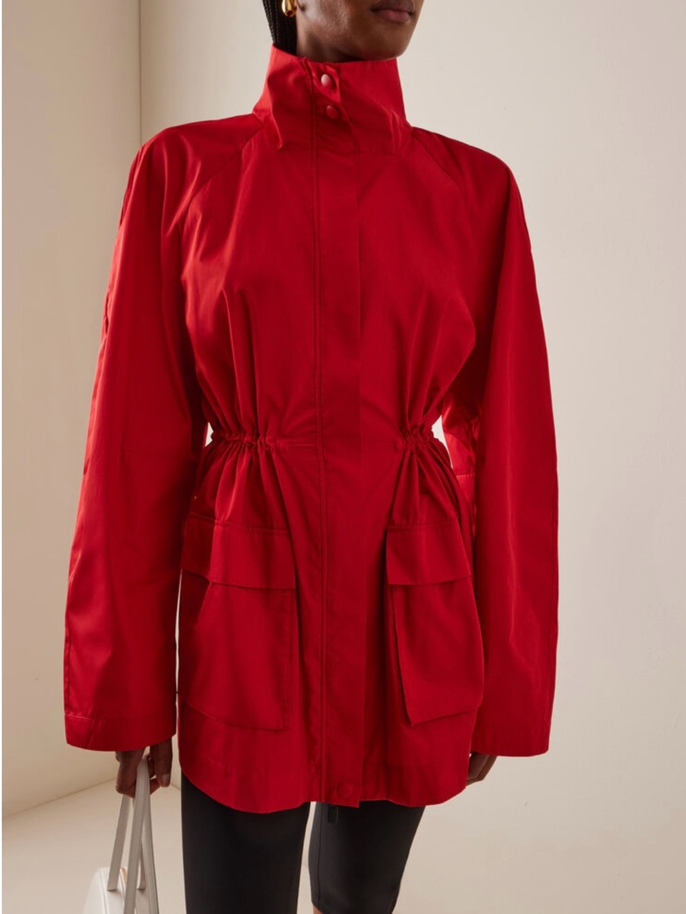 St. Agni Paper Red Taffeta Utility Parka Drawstring Waist Lightweight Zip Jacket